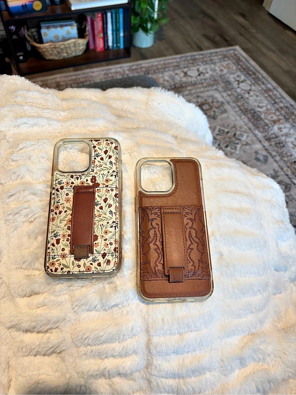 Two WALLI iPhone 15 Pro Max phone cases, Floral and Brown